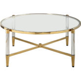 Denali Round Tempered Glass Coffee Cocktail Table on Acrylic & Brass